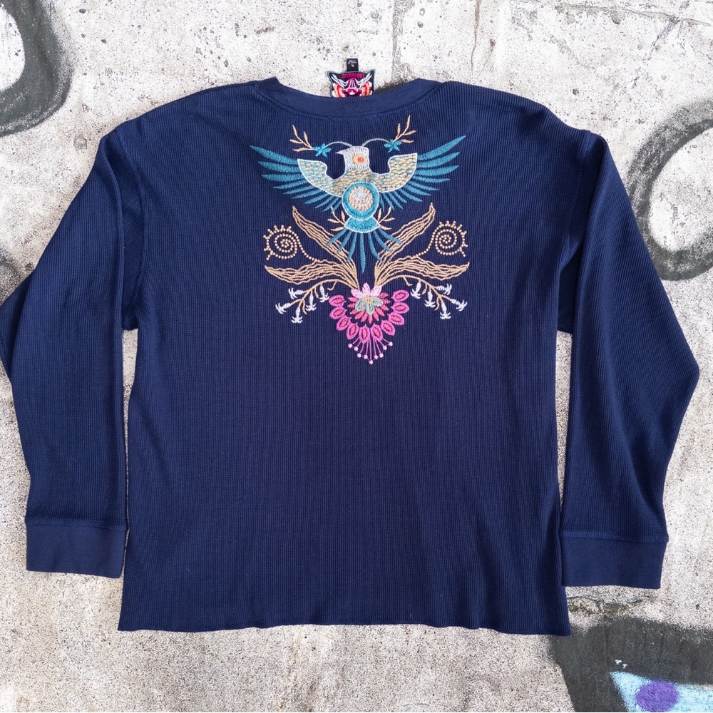 Johnny Was Sisa Navy Floral Embroidered Thermal Waffle Knit‎ Henley Top, XL - Picture 6 of 9